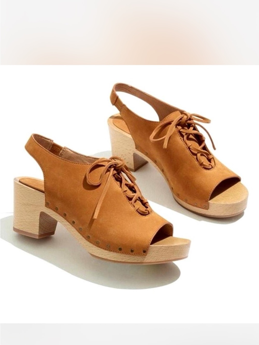 Madewell Cecilia Lace-Up Leather Clogs Tan Peep Toe Slingback Block Heel Sandals